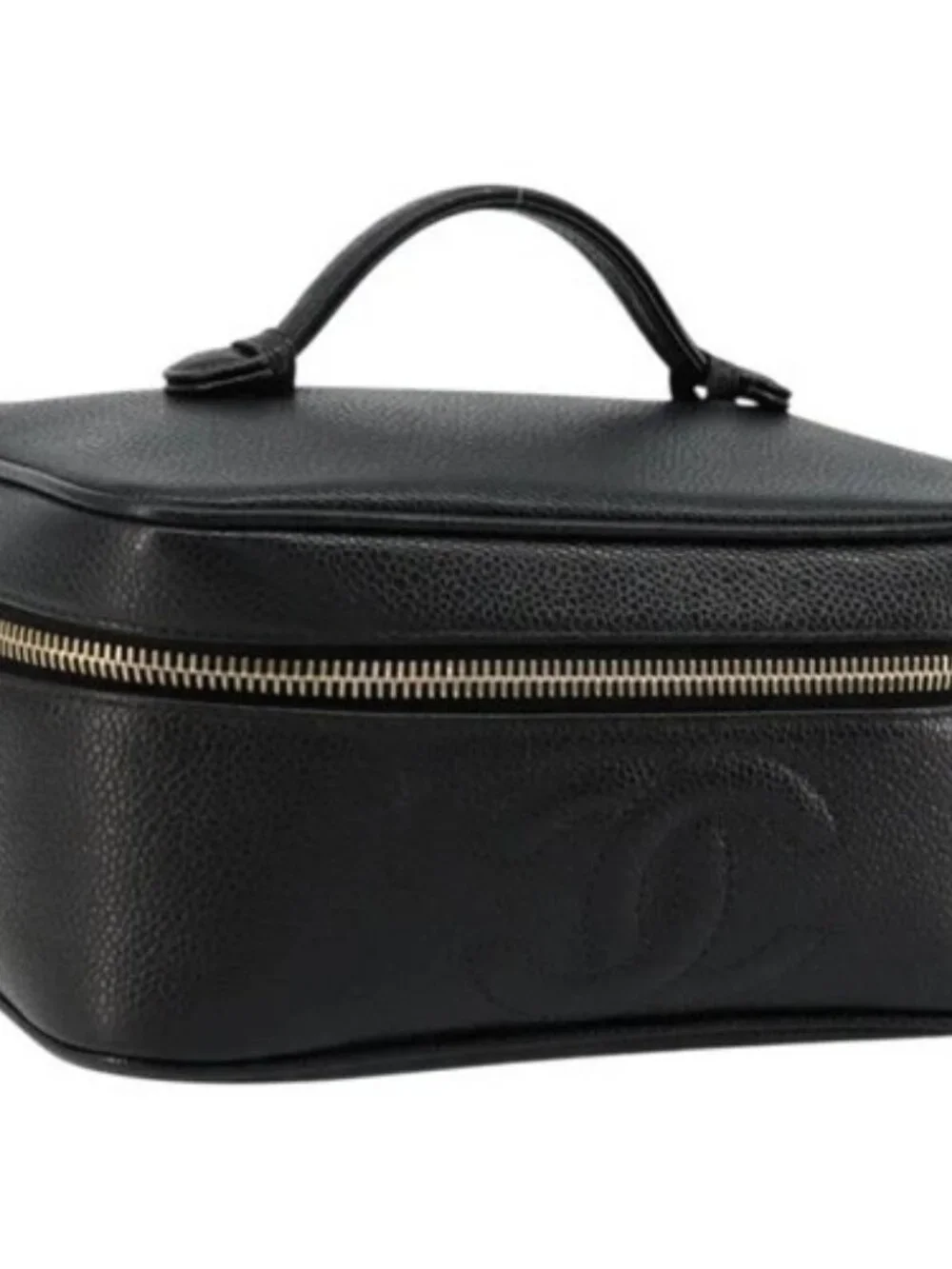 CHANEL Vanity Pouch Grained Calf Skin Black Gold CC Auth bs34489